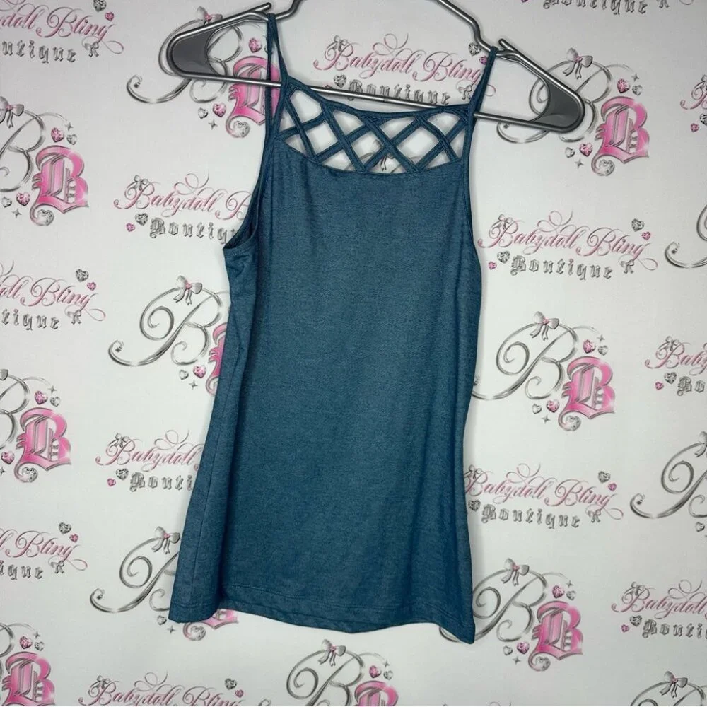 Bebe Blue Strappy Women's Top criss cross denim blue jean style gold bling